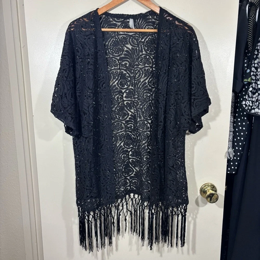 Vanity Y2K Black Lace Cover-Up Kimono with Fringe Size L